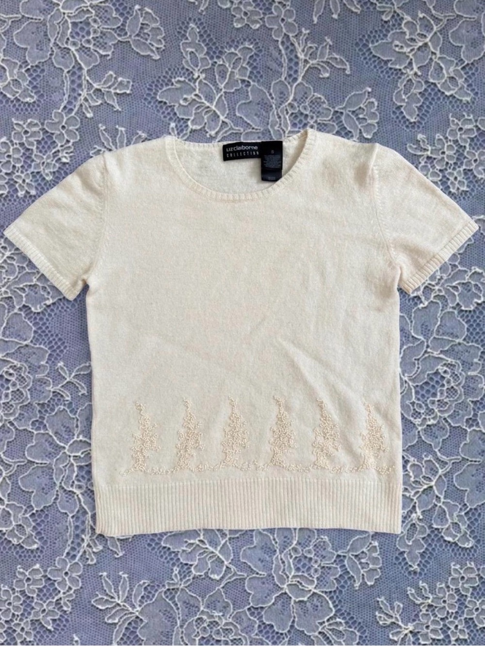 Liz Claiborne Ivory Merino Wool Blend Knit Top Beaded Hem Preppy Sweater Femme